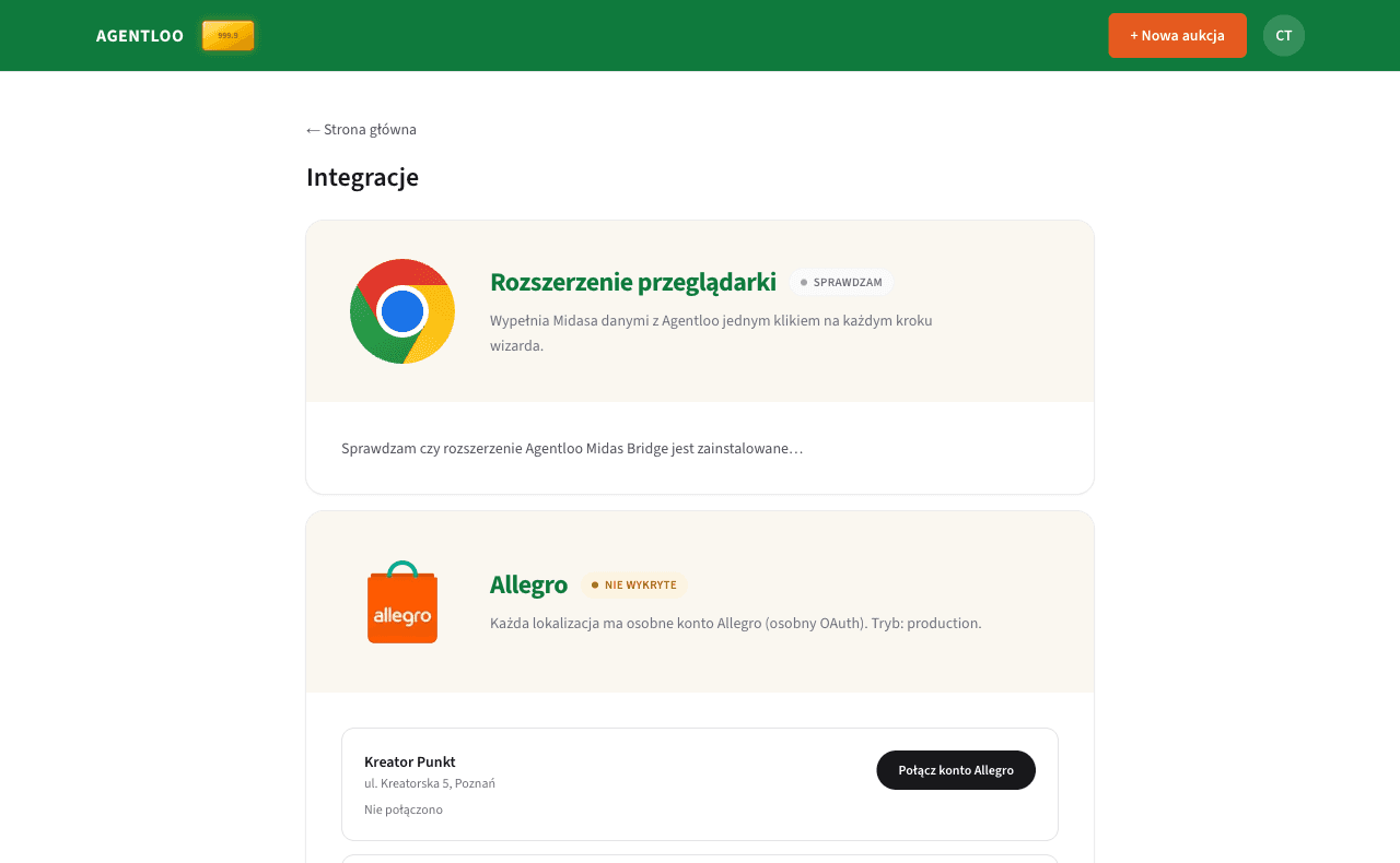 Ekran Integracje z przyciskiem Połącz konto Allegro przy punkcie