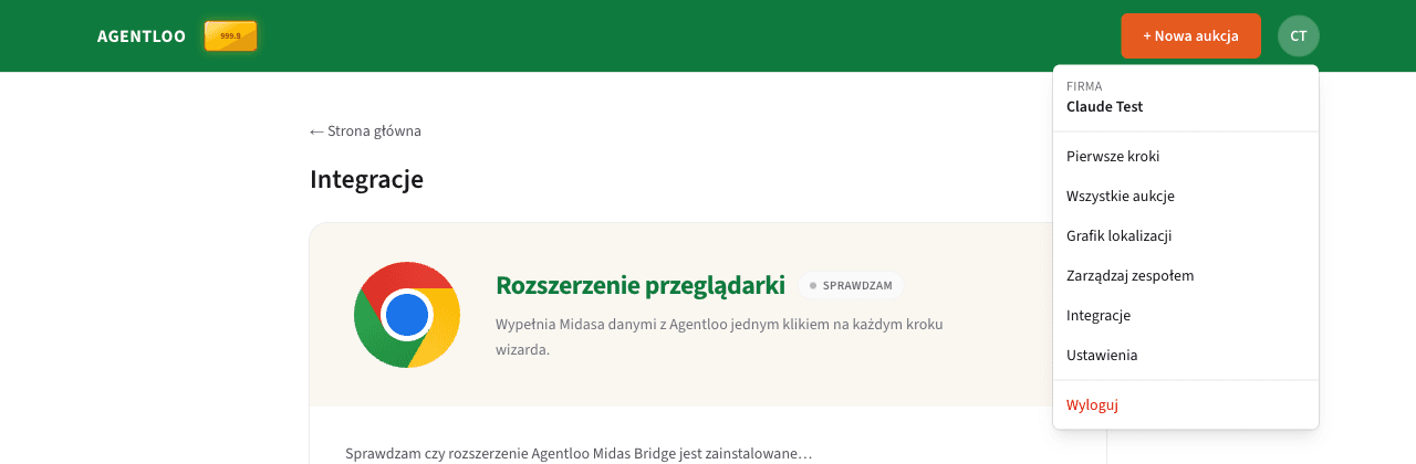 Rozwinięte menu w prawym górnym rogu Agentloo z zaznaczoną pozycją Integracje