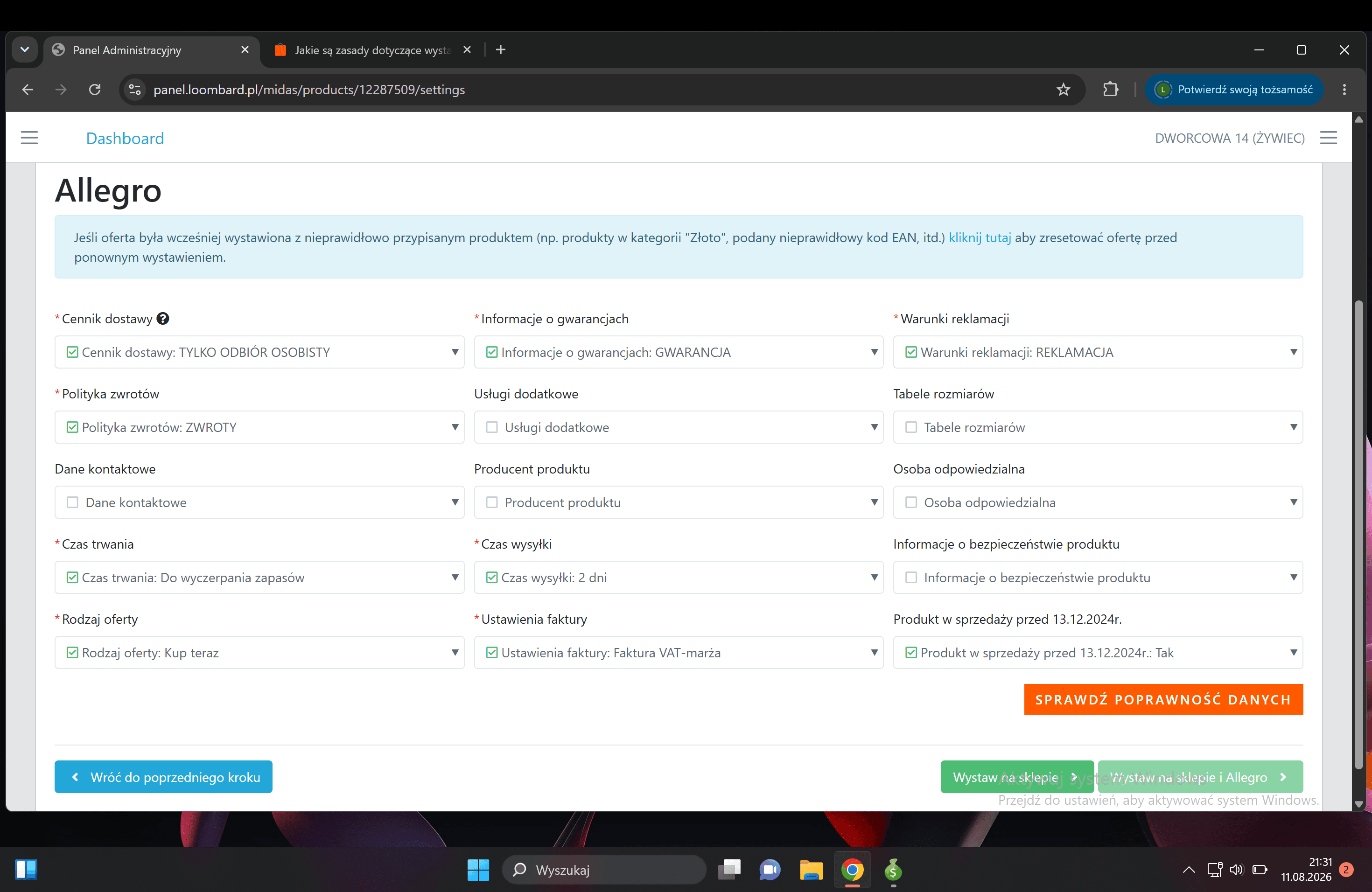 Krok Integracje w panelu sklepu z zaznaczonymi czterema polami: cennik dostawy, gwarancje, reklamacje, zwroty